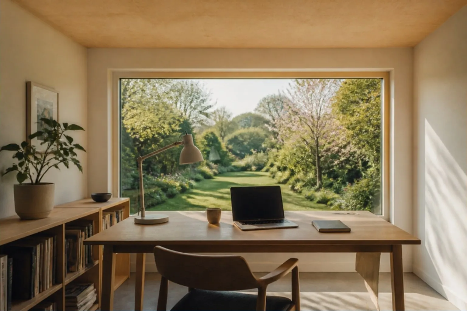 Garden room office with an oak desk facing a wide picture window onto a green garden